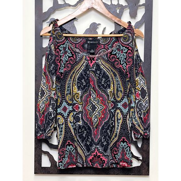 Inc. Cold Shoulder Multicolor Beaded Scoop Neck Blouse Petite Medium Top - Picture 1 of 6